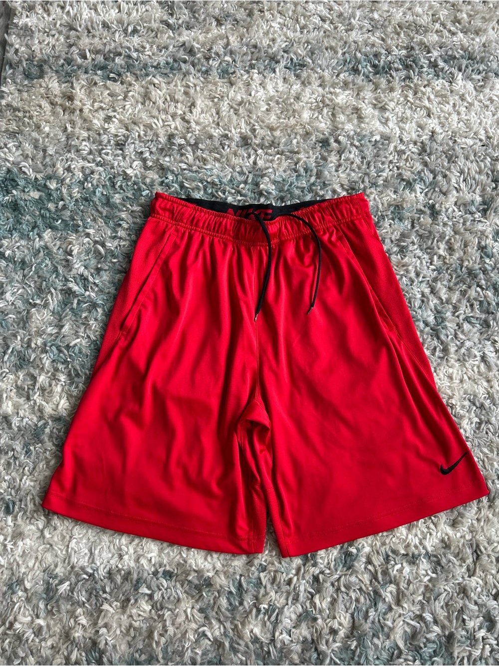 Nike Men's Bright Red Athletic Training Shorts with Black Drawstring